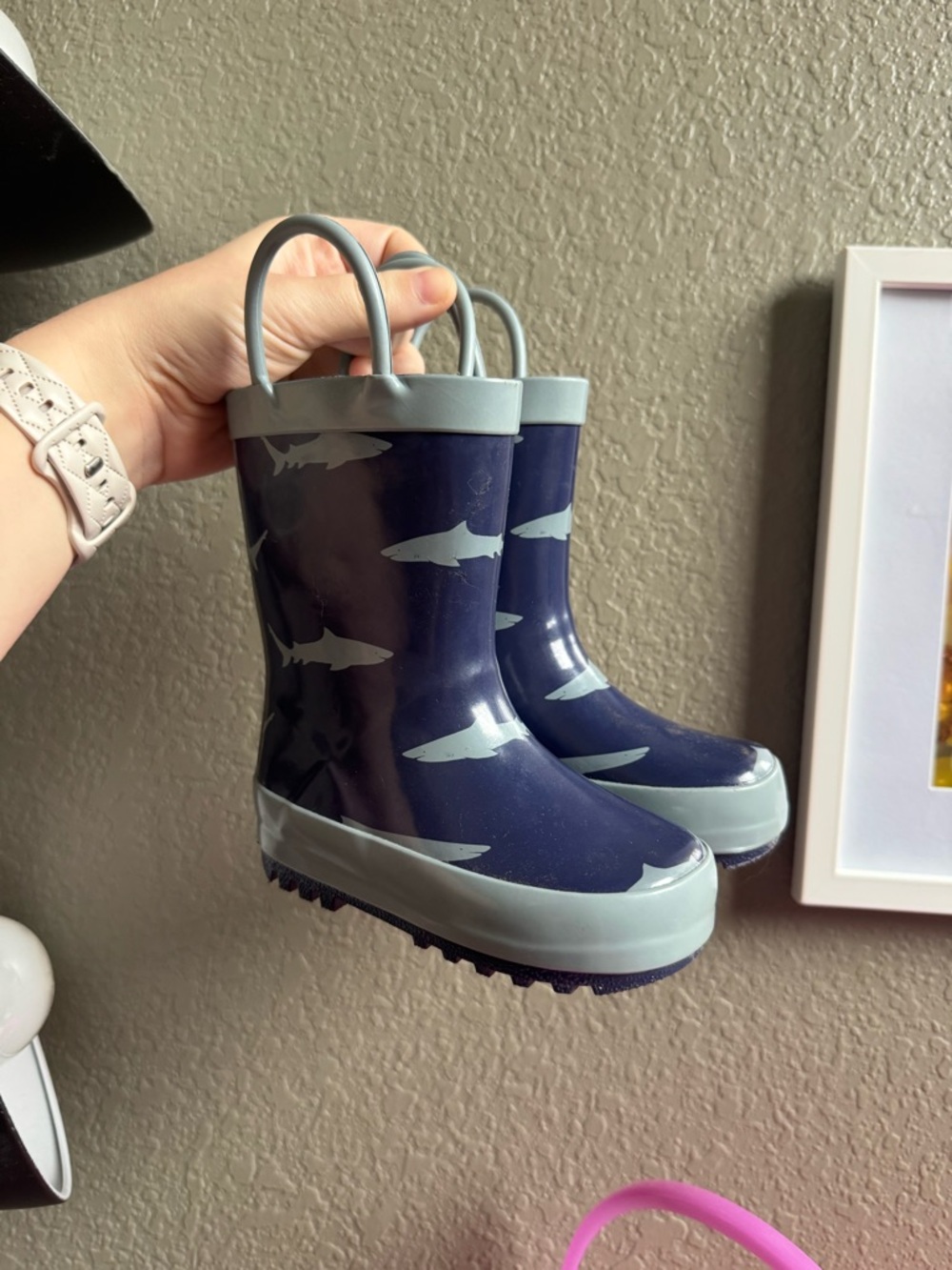 Kids Navy Shark Rain Boots with Light Gray Trim